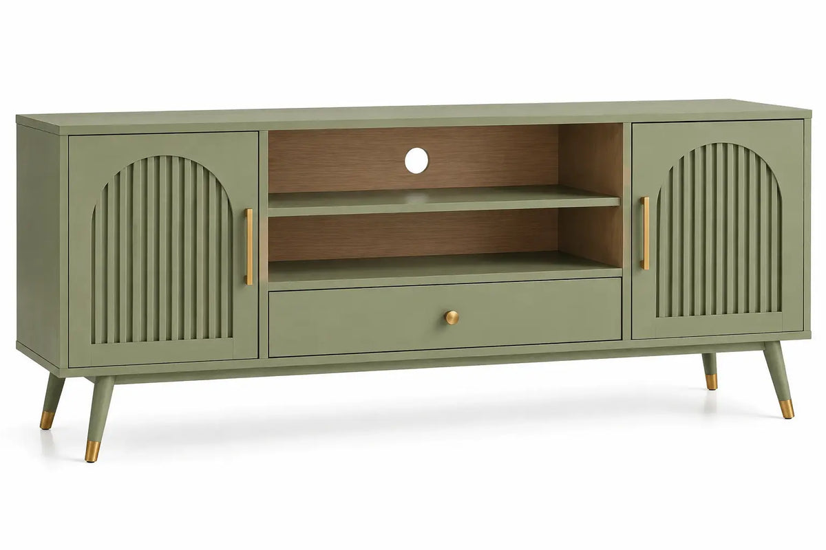 Mueble bajo para televisión con detalles de líneas verticales y estantes, verde y marrón