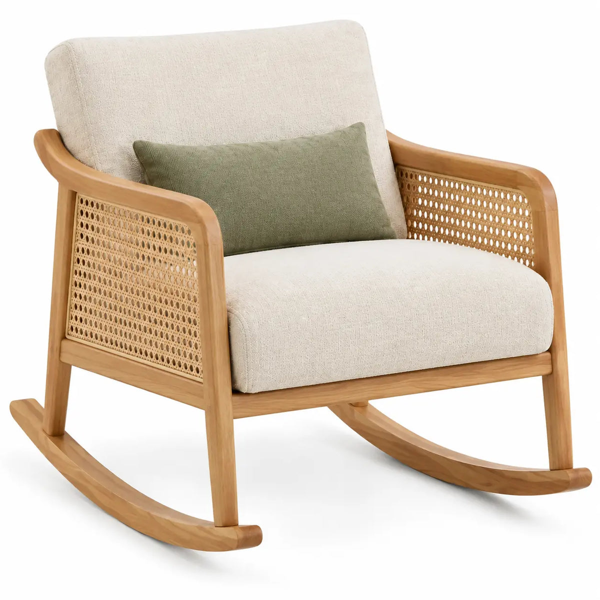 Mecedora tapizada con detalles de entramado, beige y marrón