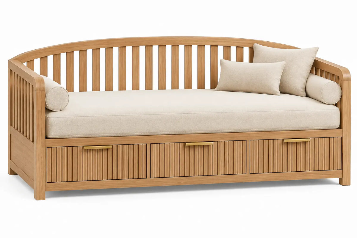 Diván con almacenamiento con detalles de líneas verticales y cajones, marrón y beige