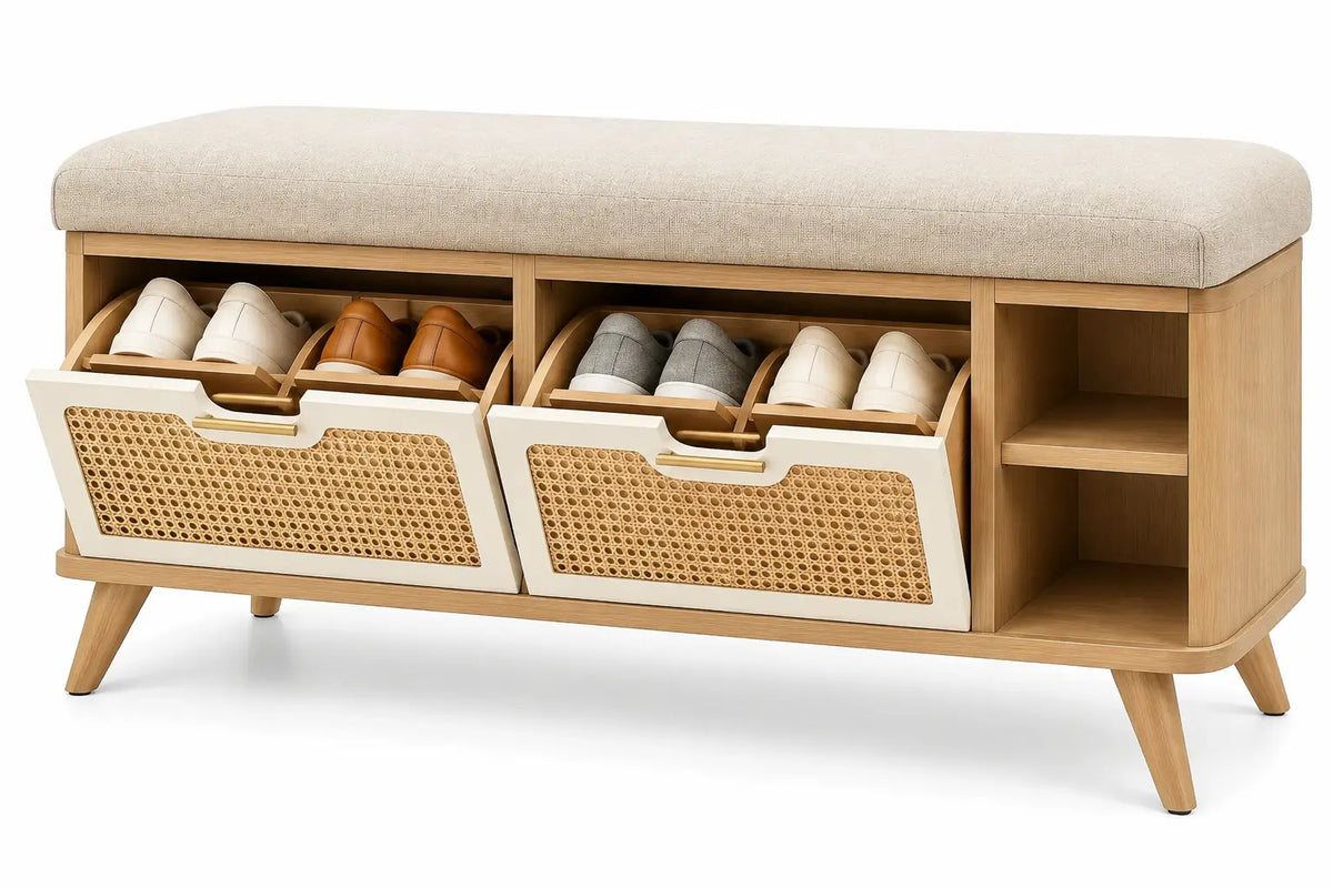 Banco con asiento acolchado con compartimentos inclinados, marrón y beige