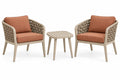 Conjunto de mesa y dos asientos con detalles de entramado, beige, terracota y marrón